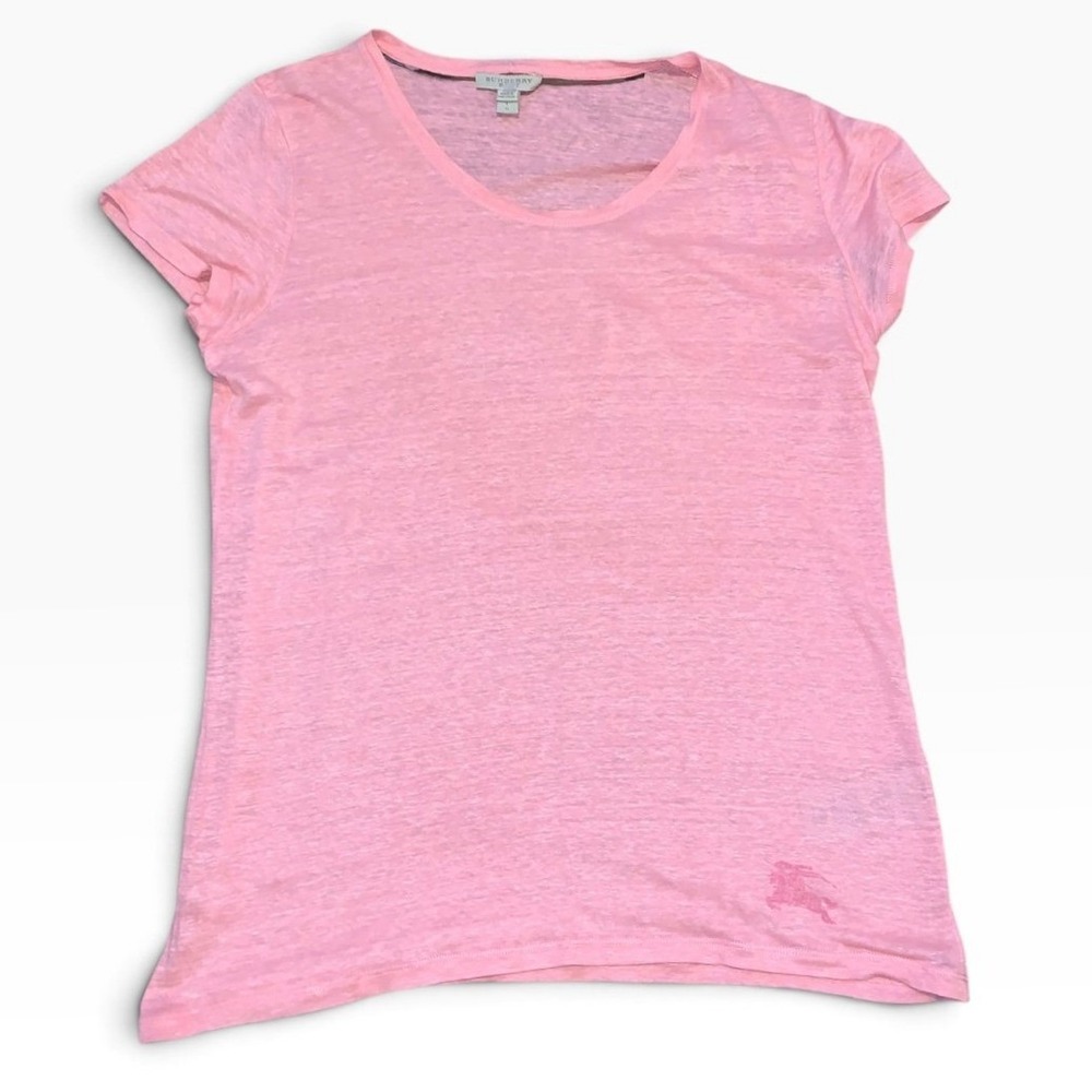 Burberry Brit T-Shirt Women Large Pink Slub Knit Knight Logo Linen Preppy Luxury